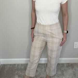 Zara Cotton Linen Cream Windowpane Plaid Chino Pants High Rise Prep Capris Small